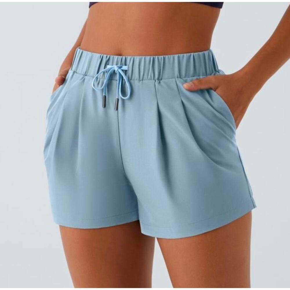 Sz Lg HALARA Dusty Blue High Elastic Waist Drawstring Pleated Pocket  3" Shorts